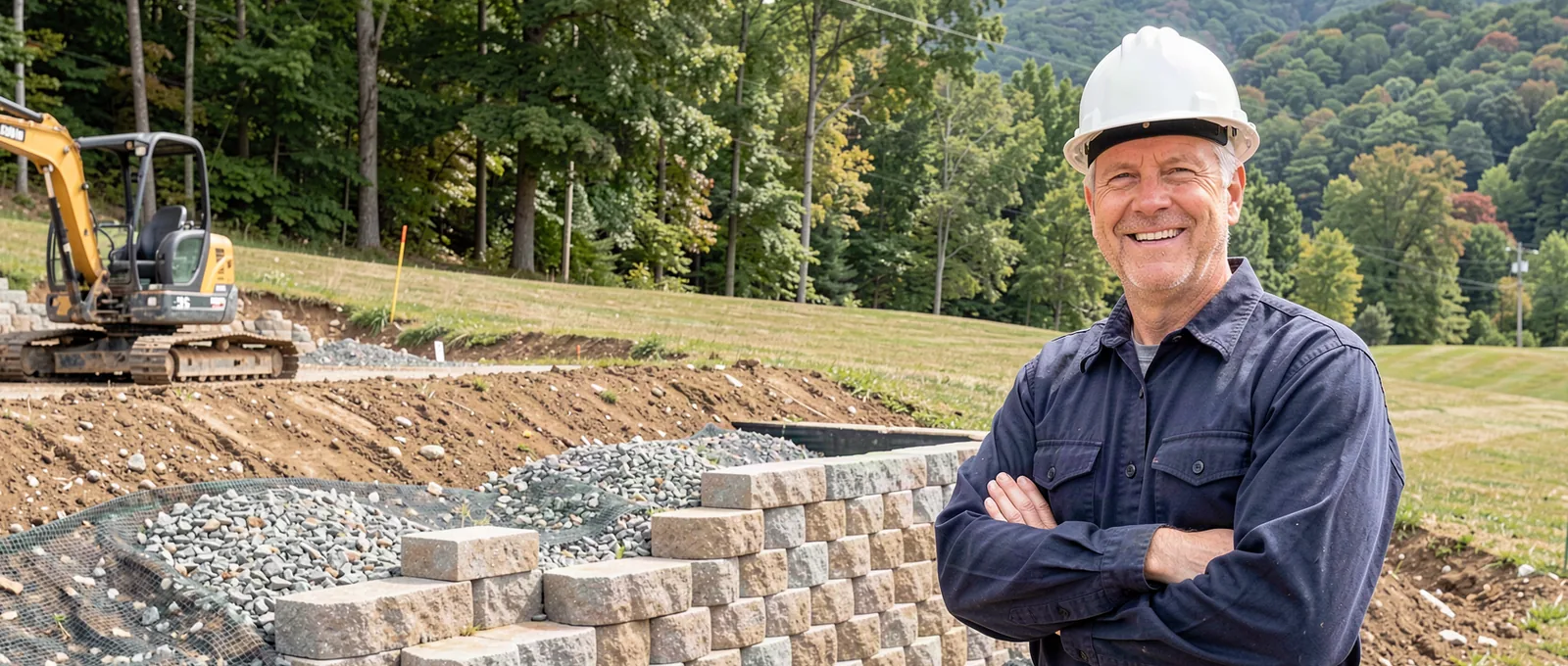 Retaining walls contractor on a job site in Roanoke, VA